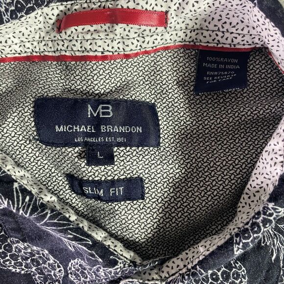 MICHAEL BRANDON Shirt Blue White Pineapple Slim Fit Button Short Sleeve Mens L - Picture 4 of 9